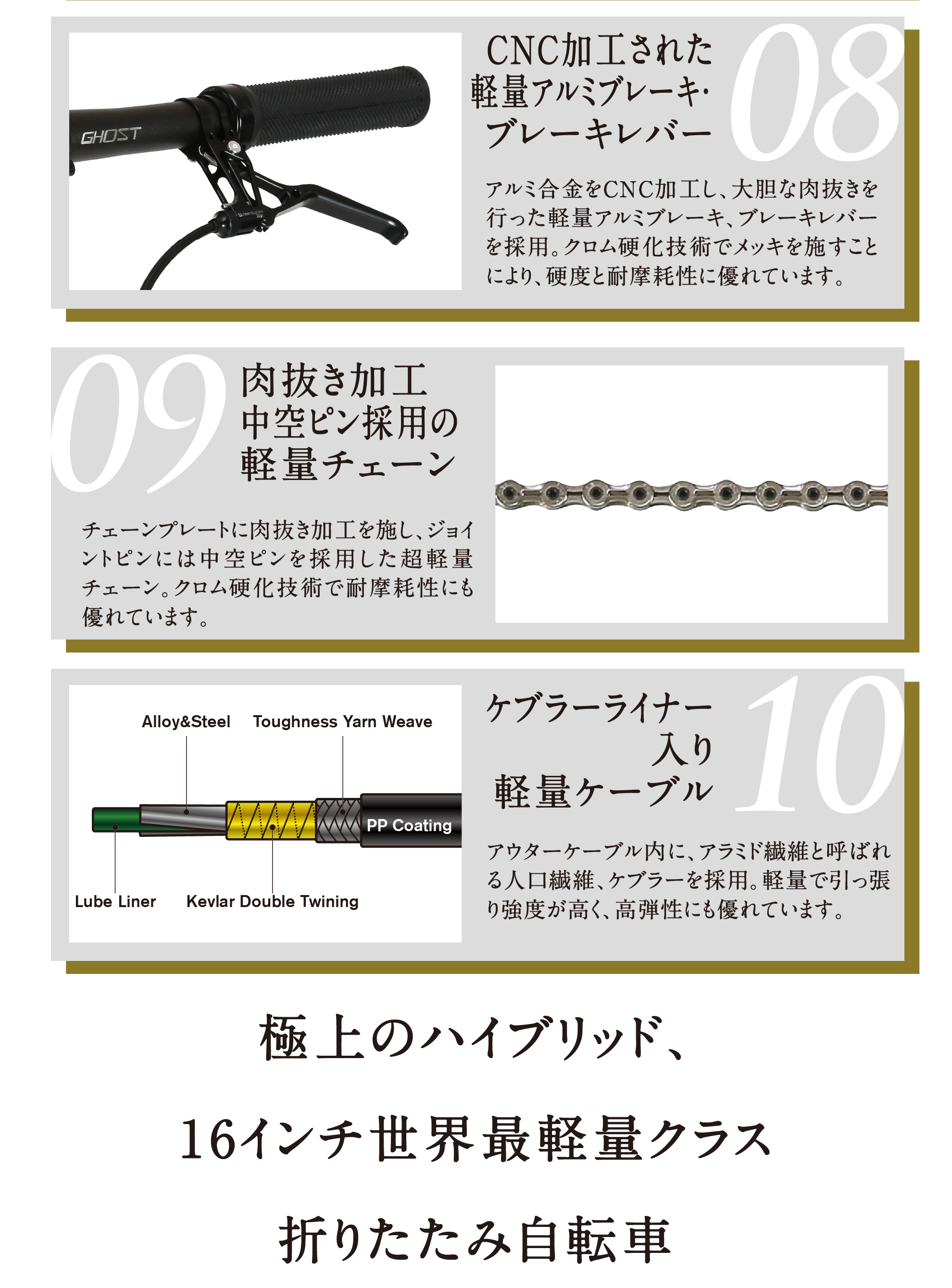 harryquinn +limit5 +limit6　軽量アルミブレーキ　肉抜きされた軽量アルミブレーキレバー　肉抜き加工の軽量チェーン　ケブラーライナー入り軽量ケーブル　16インチ　世界最軽量クラス折りたたみ自転車